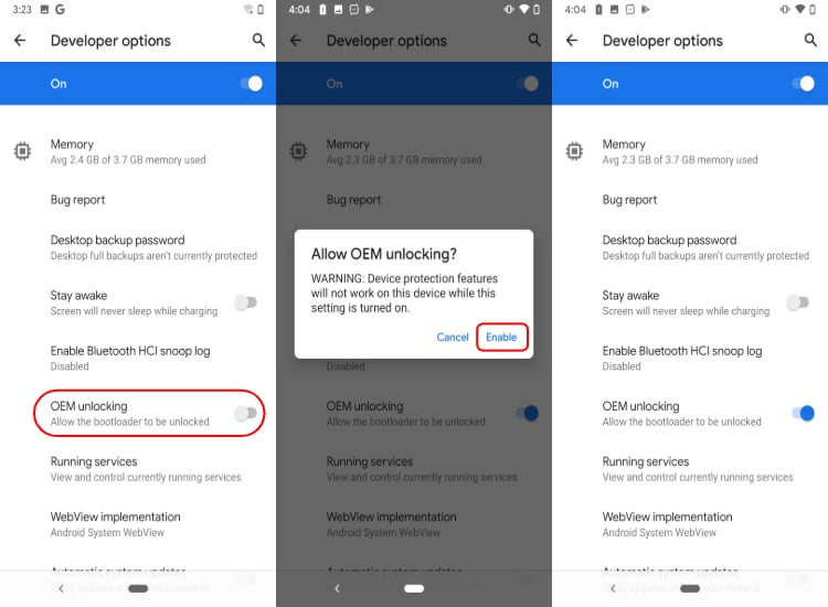 allow OEM Unlocking using Developer settings